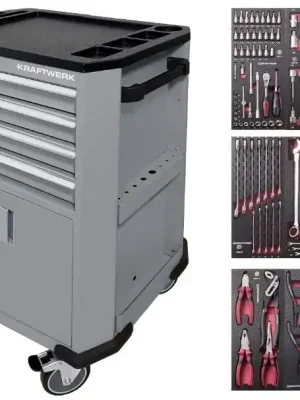 Dílenský vozík P206 (šedý) 4 zásuvky + dveře PROFI Line s výbavou 9 modulů