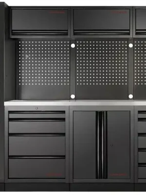 Dílenská stěna 2640x488x2000mm 9 zásuvek a skříňa, deska NEREZ MOBILIO BLACK dílenský nábytek
