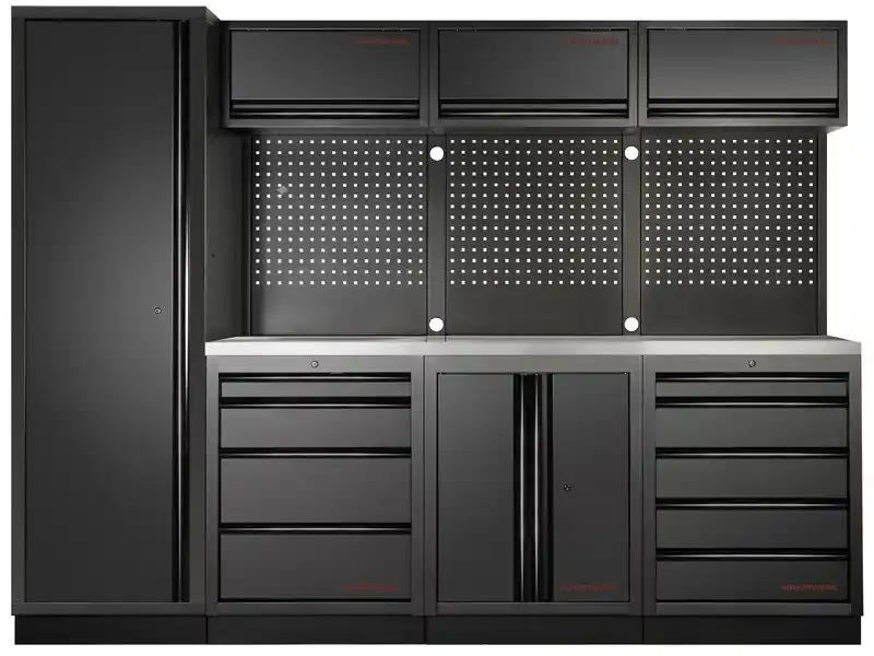 Dílenská stěna 2640x488x2000mm 9 zásuvek a skříňa, deska NEREZ MOBILIO BLACK dílenský nábytek