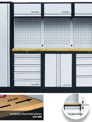 AKCE KW Dílenská stěna 2640x721x2000mm 9 zásuvek a skříňka, deska Multiplex EXTRA HLUBOKÁ MOBILIO GREY dílenský nábytek