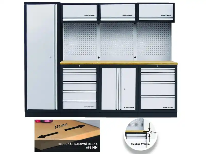 AKCE KW Dílenská stěna 2640x721x2000mm 9 zásuvek a skříňka, deska Multiplex EXTRA HLUBOKÁ MOBILIO GREY dílenský nábytek