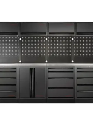 Dílenská stěna 3920x488x2000mm 14 zásuvek a skříň, deska NEREZ MOBILIO BLACK dílenský nábytek