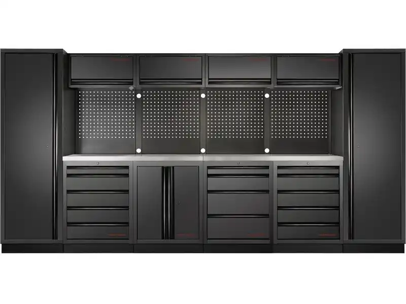 Dílenská stěna 3920x488x2000mm 14 zásuvek a skříň, deska NEREZ MOBILIO BLACK dílenský nábytek