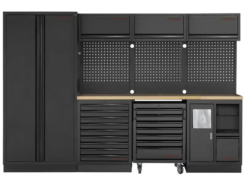 Dílenská stěna 2955x488x2000mm 9 zásuvek, skříňka a vozík, deska Multiplex MOBILIO BLACK dílenský nábytek
