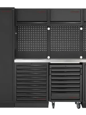 Dílenská stěna 2955x488x2000mm 9 zásuvek, skříňka a vozík, deska NEREZ MOBILIO BLACK dílenský nábytek