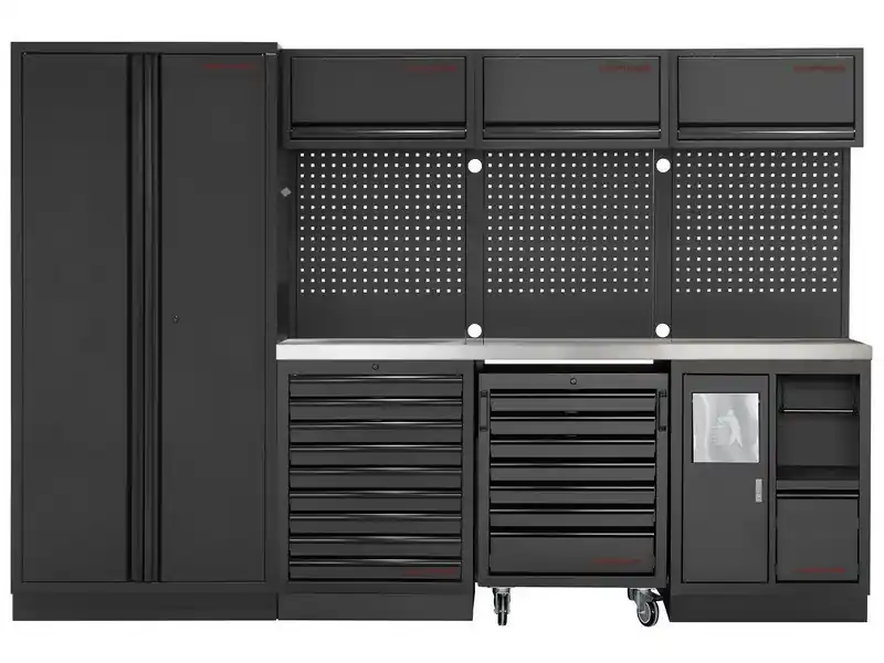 Dílenská stěna 2955x488x2000mm 9 zásuvek, skříňka a vozík, deska NEREZ MOBILIO BLACK dílenský nábytek
