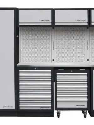 AKCE KW Dílenská stěna 2955x488x2000mm 9 zásuvek, skříňka a vozík, deska NEREZ MOBILIO GREY dílenský nábytek