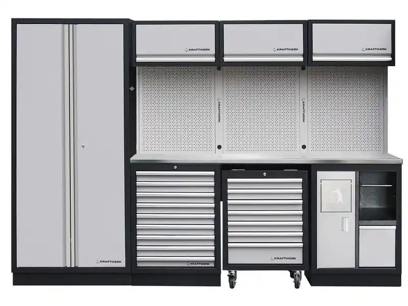 AKCE KW Dílenská stěna 2955x488x2000mm 9 zásuvek, skříňka a vozík, deska NEREZ MOBILIO GREY dílenský nábytek
