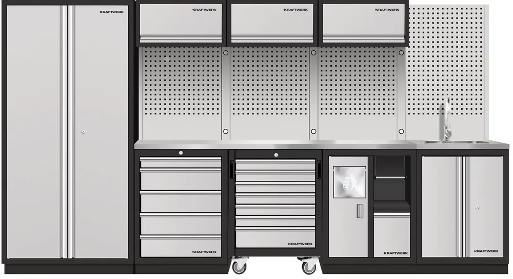 AKCE KW Dílenská stěna 3635x488x2000mm, SANITARY, deska NEREZ MOBILIO GREY dílenský nábytek