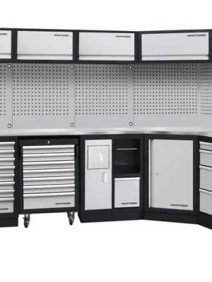 AKCE KW Dílenská stěna rohová 3819/2824x488x2000mm, deska NEREZ MOBILIO GREY dílenský nábytek