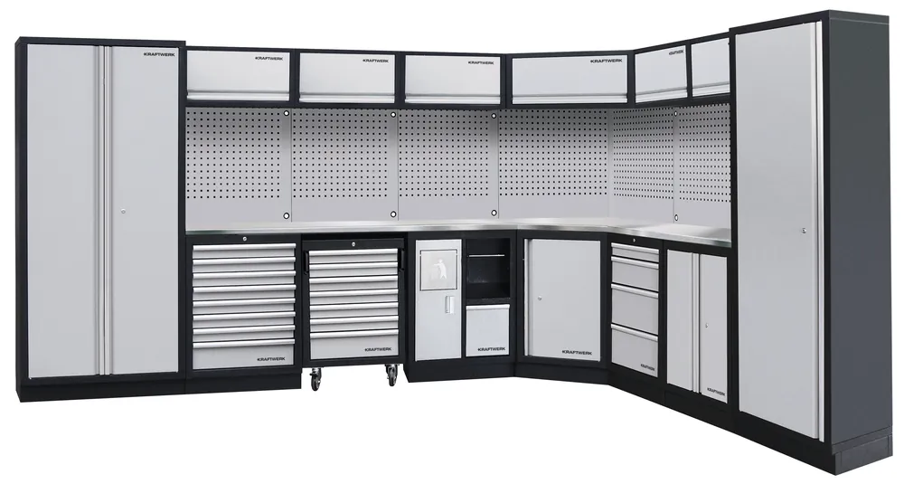 AKCE KW Dílenská stěna rohová 3819/2824x488x2000mm, deska NEREZ MOBILIO GREY dílenský nábytek