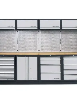 AKCE KW Dílenská stěna 3920x488x2000mm 18 zásuvek a skříňka, deska Multiplex MOBILIO GREY dílenský nábytek