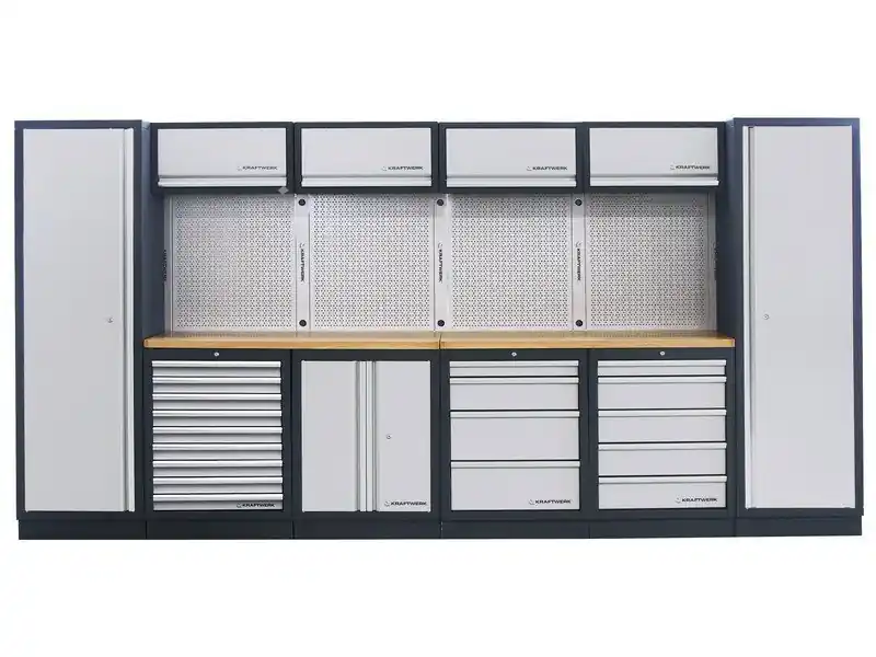 AKCE KW Dílenská stěna 3920x488x2000mm 18 zásuvek a skříňka, deska Multiplex MOBILIO GREY dílenský nábytek