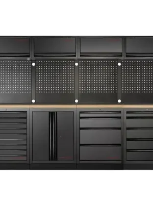 Dílenská stěna 3920x721x2000mm 18 zásuvek a skříňka, deska Multiplex EXTRA HLUBOKÁ MOBILIO BLACK dílenský nábytek