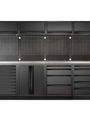 Dílenská stěna 3920x488x2000mm 18 zásuvek a skříňa, deska NEREZ MOBILIO BLACK dílenský nábytek