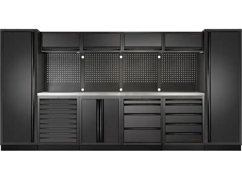 Dílenská stěna 3920x488x2000mm 18 zásuvek a skříňa, deska NEREZ MOBILIO BLACK dílenský nábytek