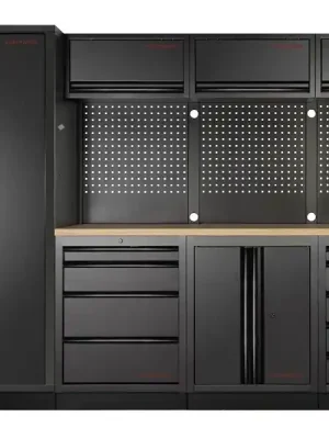 Dílenská stěna 2955x721x2000mm 9 zásuvek a skříňka, deska Multiplex EXTRA HLUBOKÁ MOBILIO BLACK dílenský nábytek