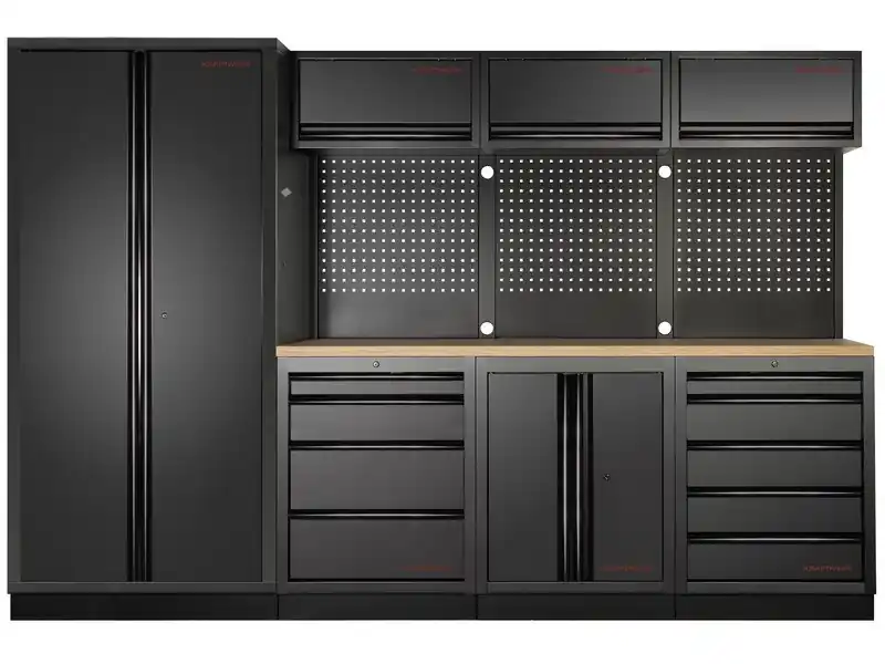 Dílenská stěna 2955x721x2000mm 9 zásuvek a skříňka, deska Multiplex EXTRA HLUBOKÁ MOBILIO BLACK dílenský nábytek