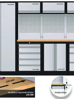 AKCE KW Dílenská stěna 2955x721x2000mm 9 zásuvek a skříňka, deska Multiplex EXTRA HLUBOKÁ MOBILIO GREY dílenský nábytek
