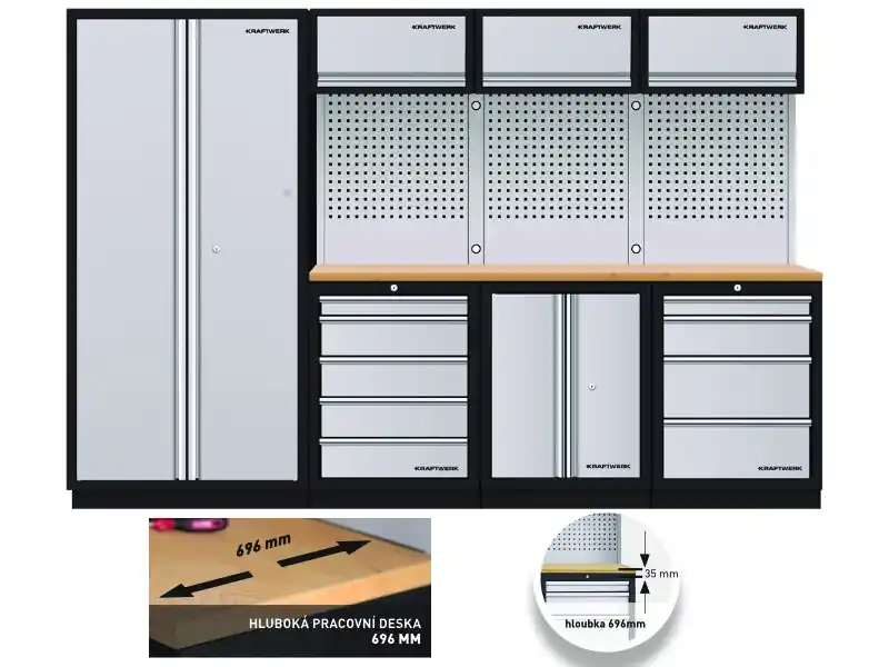 AKCE KW Dílenská stěna 2955x721x2000mm 9 zásuvek a skříňka, deska Multiplex EXTRA HLUBOKÁ MOBILIO GREY dílenský nábytek