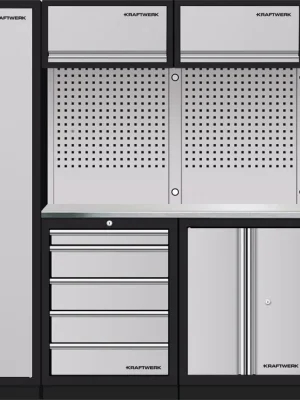AKCE KW Dílenská stěna 2955x488x2000mm 9 zásuvek a skříňa, deska NEREZ MOBILIO GREY dílenský nábytek
