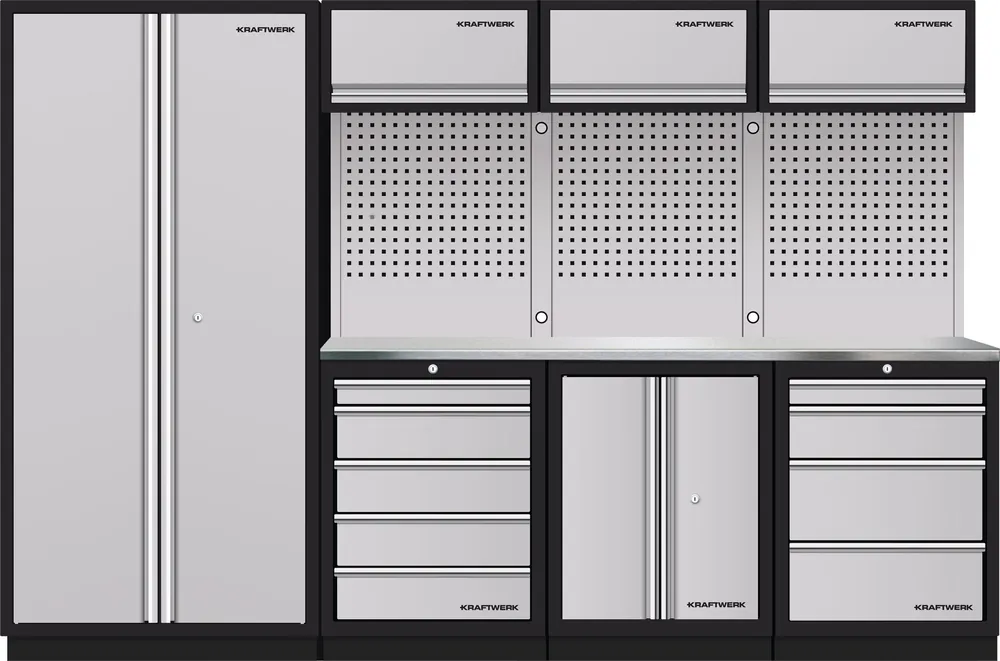 AKCE KW Dílenská stěna 2955x488x2000mm 9 zásuvek a skříňa, deska NEREZ MOBILIO GREY dílenský nábytek