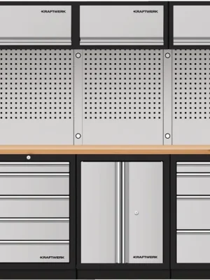 AKCE KW Dílenská stěna 3635x488x2000mm, deska Multiplex MOBILIO GREY dílenský nábytek