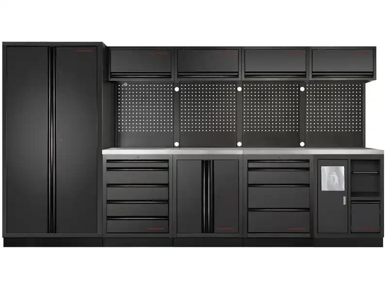 Dílenská stěna 3635x488x2000mm, deska NEREZ MOBILIO BLACK dílenský nábytek