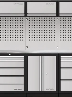 AKCE KW Dílenská stěna 3635x488x2000mm, deska NEREZ MOBILIO GREY dílenský nábytek
