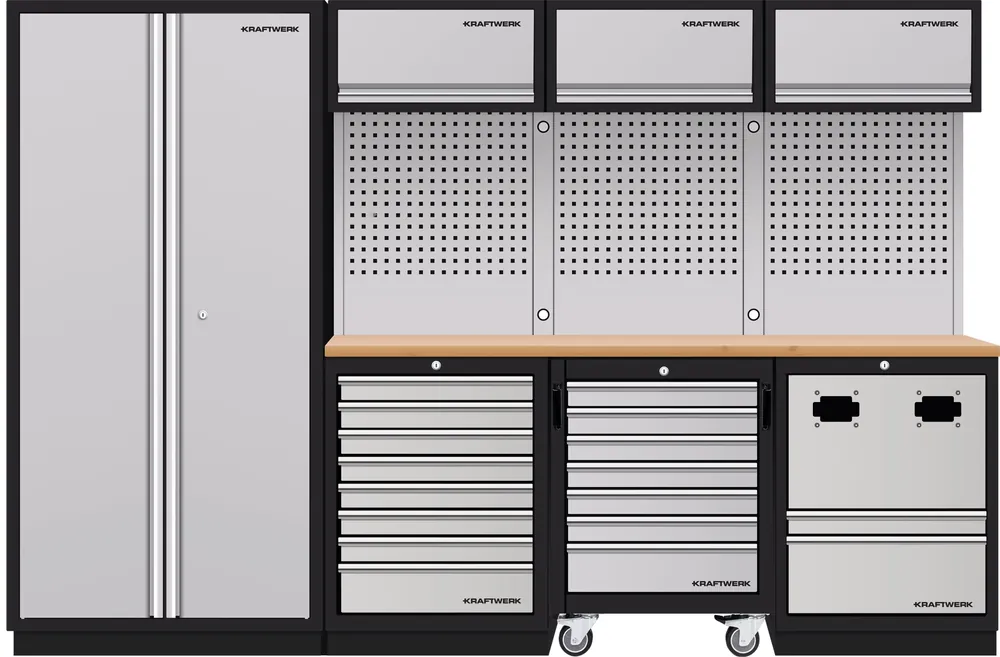 AKCE KW Dílenská stěna 2955x488x2000mm 17 zásuvek, skříňka a vozík Muliplex MOBILIO GREY dílenský nábytek