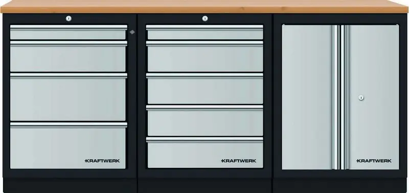 AKCE KW Dílenský stůl 2040x458x945mm, 2 dveře + 9 zásuvek, deska Multiplex MOBILIO GREY dílenský nábytek