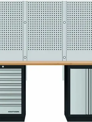 AKCE KW Dílenský stůl 2040x488x2000mm, 2 dveře + 8 zásuvek + záda, deska Multiplex MOBILIO GREY dílenský nábytek