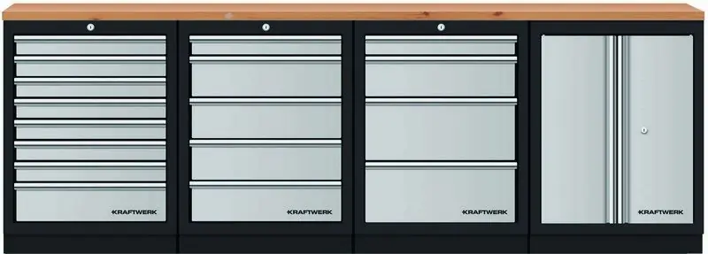 AKCE KW Dílenský stůl 2720x458x945mm 2 dveře + 17 zásuvek, deska Multiplex MOBILIO GREY dílenský nábytek