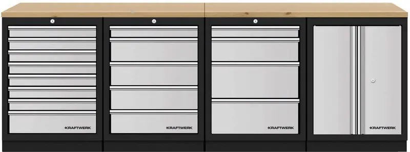 AKCE KW Dílenský stůl 2720x458x945mm 2 dveře + 17 zásuvek, deska Multiplex EXTRA HLUBOKÁ MOBILIO GREY dílenský nábytek