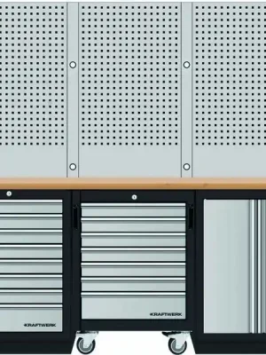 AKCE KW Dílenský stůl 2040x488x2000mm, 2 dveře + 15 zásuvek + záda, deska Multiplex MOBILIO GREY dílenský nábytek