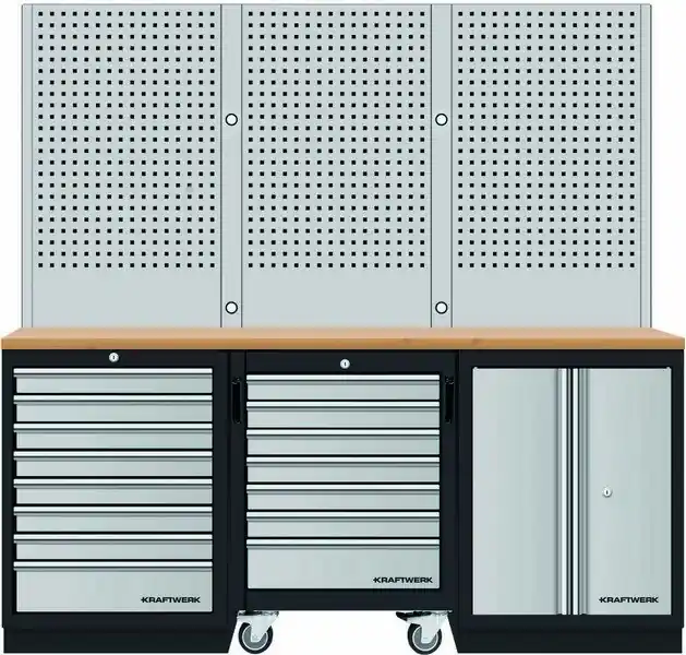 AKCE KW Dílenský stůl 2040x488x2000mm, 2 dveře + 15 zásuvek + záda, deska Multiplex MOBILIO GREY dílenský nábytek