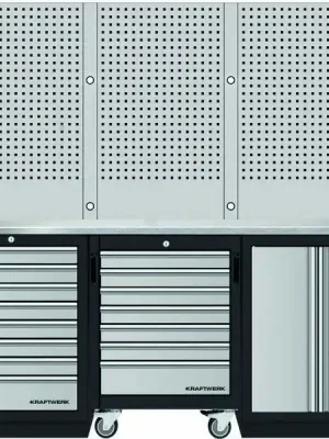 AKCE KW Dílenský stůl 2040x488x2000mm, 2 dveře + 15 zásuvek + záda, deska NEREZ MOBILIO GREY dílenský nábytek