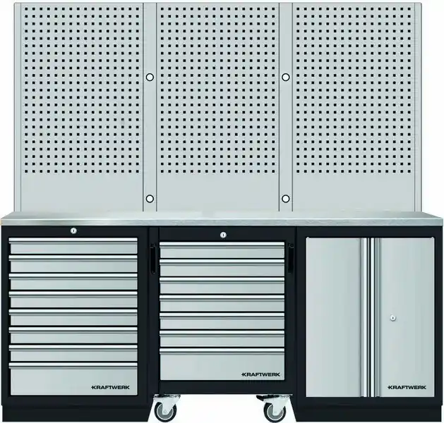 AKCE KW Dílenský stůl 2040x488x2000mm, 2 dveře + 15 zásuvek + záda, deska NEREZ MOBILIO GREY dílenský nábytek