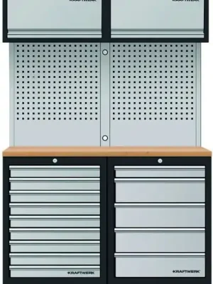 AKCE KW Dílenská stěna 1360x488x2000mm 14 zásuvek, deska Multiplex MOBILIO GREY dílenský nábytek