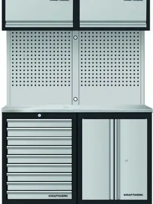 AKCE KW Dílenská stěna 1360x488x2000mm 9 zásuvek a skříňa, deska NEREZ MOBILIO GREY dílenský nábytek