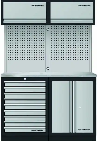 AKCE KW Dílenská stěna 1360x488x2000mm 9 zásuvek a skříňa, deska NEREZ MOBILIO GREY dílenský nábytek