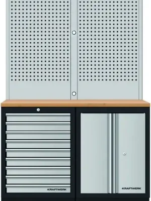 AKCE KW Dílenský stůl 1360x488x2000mm,2 dveře + 9 zásuvek + záda, deska Multiplex MOBILIO GREY dílenský nábytek