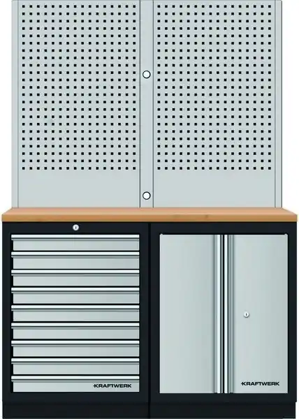 AKCE KW Dílenský stůl 1360x488x2000mm,2 dveře + 9 zásuvek + záda, deska Multiplex MOBILIO GREY dílenský nábytek
