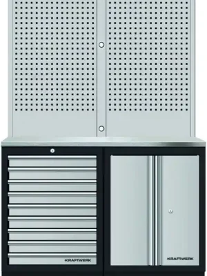 AKCE KW Dílenský stůl 1360x488x2000mm , 2 dveře + 9 zásuvek + záda, deska NEREZ MOBILIO GREY dílenský nábytek