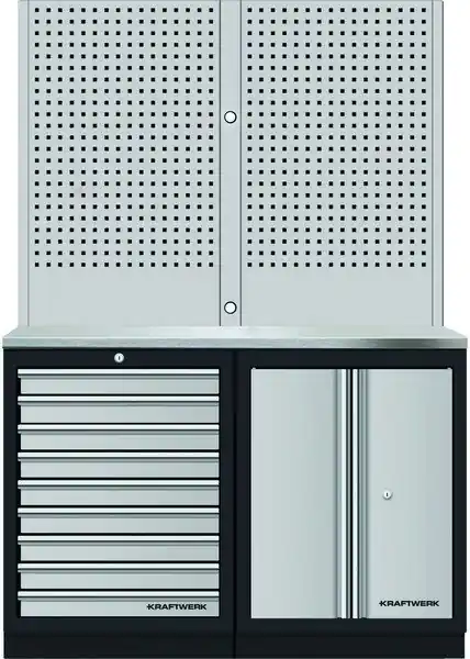 AKCE KW Dílenský stůl 1360x488x2000mm , 2 dveře + 9 zásuvek + záda, deska NEREZ MOBILIO GREY dílenský nábytek