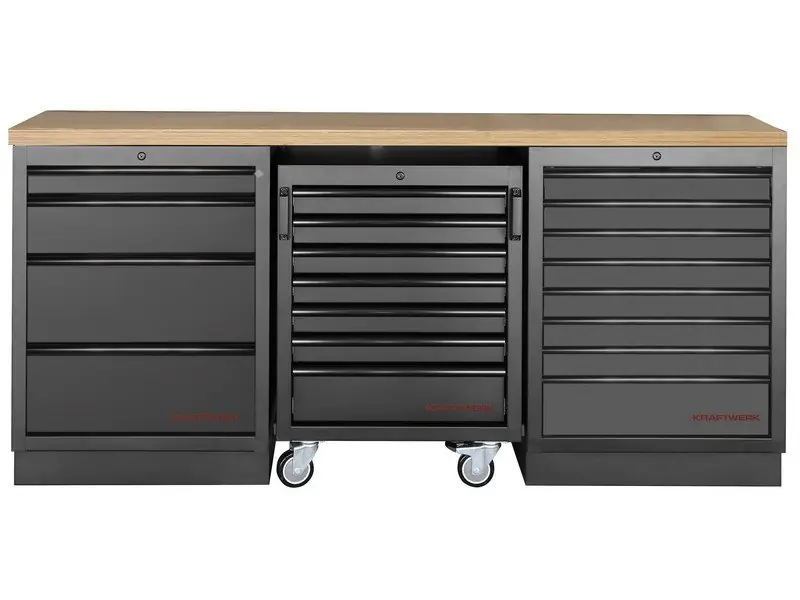 Dílenský stůl 2040x458x945mm, 19 zásuvek, deska Multiplex MOBILIO BLACK dílenský nábytek