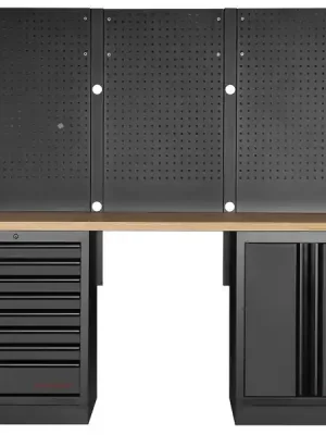 AKCE KW Dílenský stůl 2040x488x2000mm, 2 dveře + 8 zásuvek + záda, deska Multiplex MOBILIO BLACK dílenský nábytek