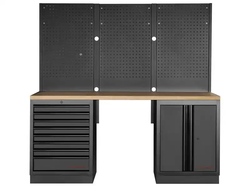 AKCE KW Dílenský stůl 2040x488x2000mm, 2 dveře + 8 zásuvek + záda, deska Multiplex MOBILIO BLACK dílenský nábytek
