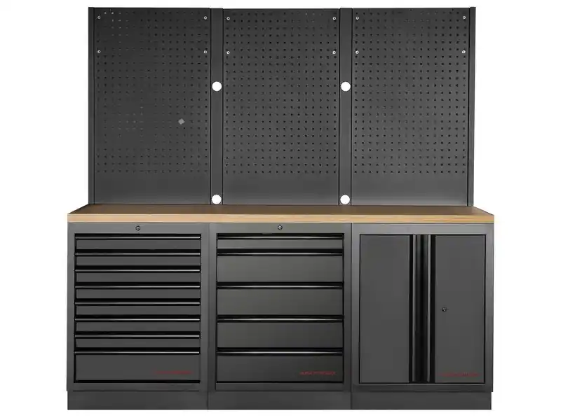 Dílenský stůl 2040x488x2000mm, 2 dveře + 13 zásuvek + záda, deska Multiplex MOBILIO BLACK dílenský nábytek