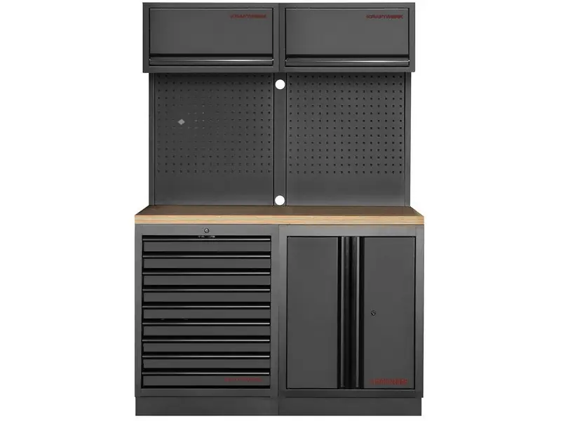 Dílenská stěna 1360x488x2000mm 9 zásuvek a skříňka, deska Multiplex MOBILIO BLACK dílenský nábytek